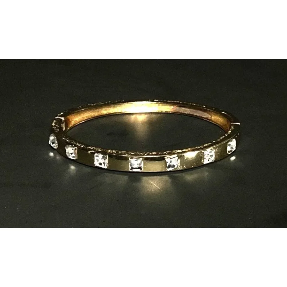 Gold Tone Hinged Metal Clamper Bangle Bracelet with Rhinestones - Picture 1 of 7